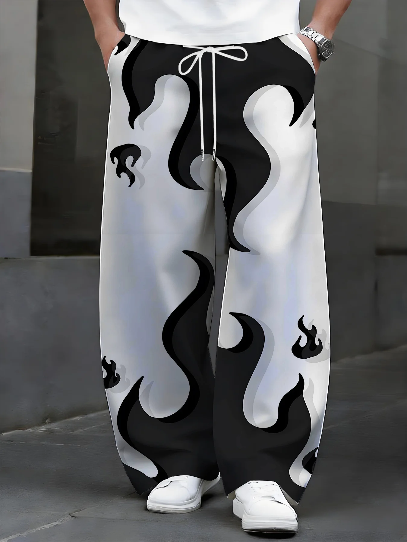 Men's Abstract Flame Printed Wide Leg Pants, Drawstring Elastic Waist Loose Straight Leg Casual Pants for Street Wear
