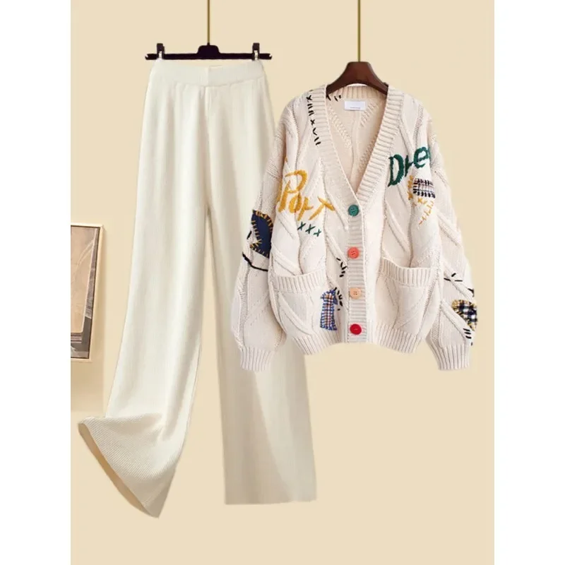 

Осенне-зимняя теплая трикотажная одежда, комплект из двух предметов для женщин, вязаный кардиган с вышивкой и кардиган с широкими штанинами, модель N468