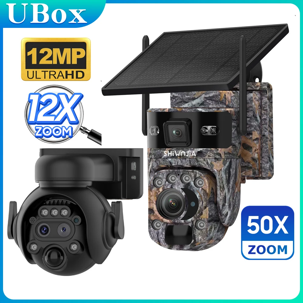 SHIWOJIA 12MP 50X ZOOM Optical 4G Solar Camera Outdoor Camouflage Security Camera Wireless 360° Surveillance No Blind Spots