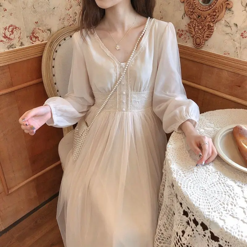 

High QualityWomen Elegant Dress French Solid Long Sleeve Fairy Party Dress Sexy V-Neck Chic Dress Spring Clothing Female Vestido