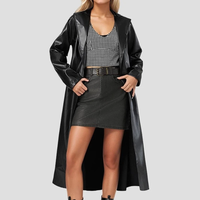 Long Coat Women Faux Leather Coats Slim Fit Turn Down Collar Y2k Streetwear Lace Up Jackets Work Elegant Maxi Open Stitch Jacket