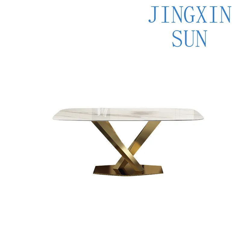 New light luxury rock slab dining table and chairs, modern simple and bright models, rectangular household dining table