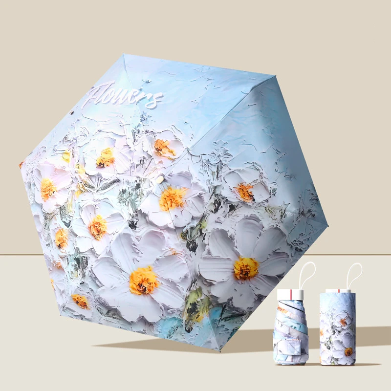 Beautiful Flower Printed Umbrella Rain Women Sun Umbrella Five Folding Oil Painting Umbrella Lady Portable Parasol