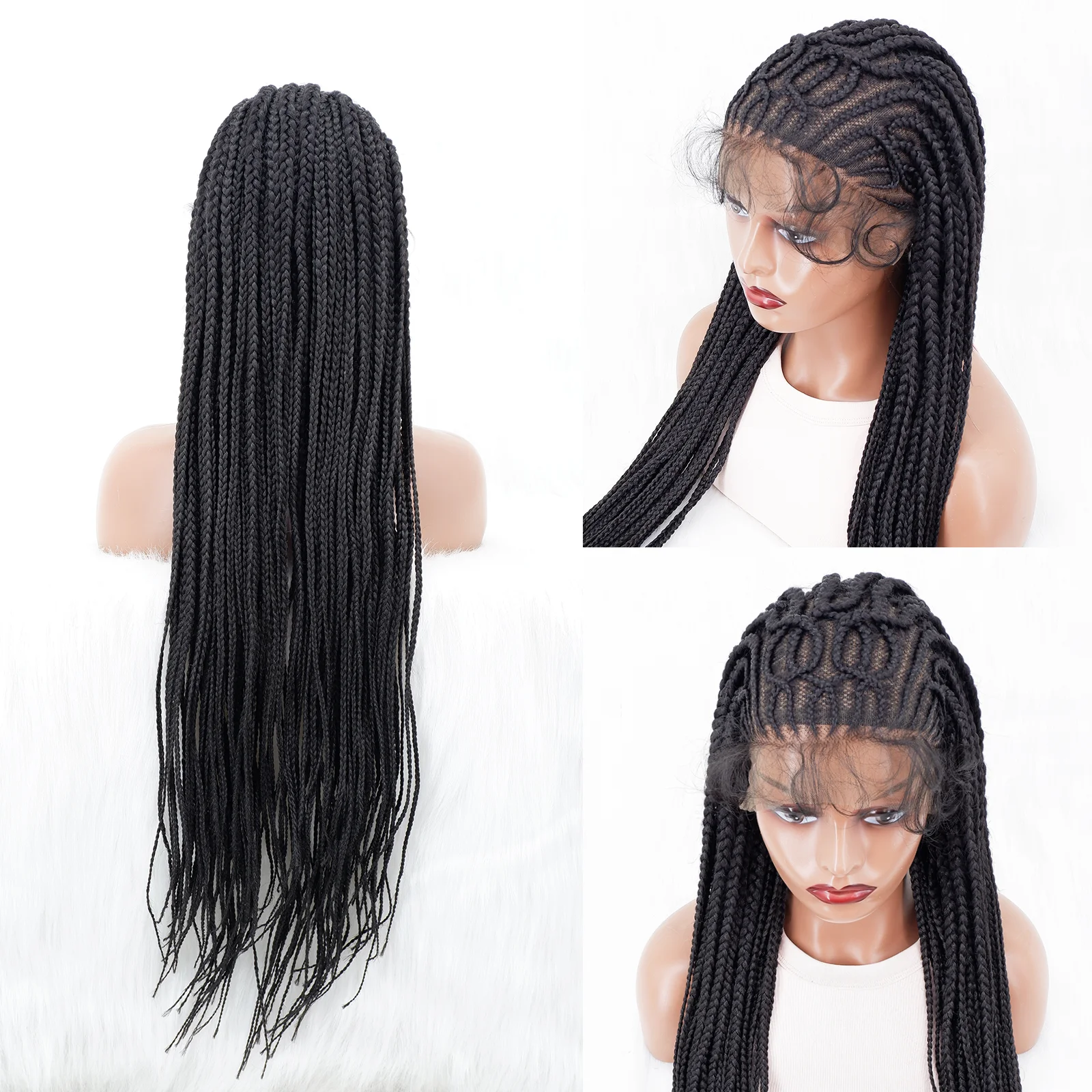 34inch Synthetic Handmade Cornrow Braided Wigs Lace Front Wig Knotless Box Braided Lace Wig with Baby Hair For Black Women