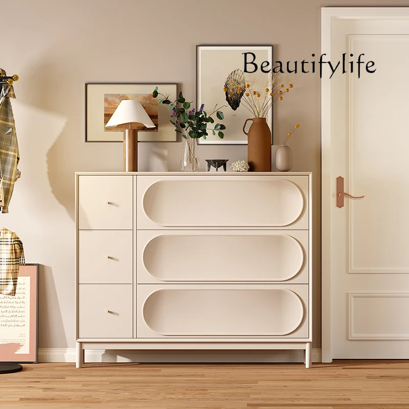 

Nordic Cream Style Tilting Shoe Cabinet Simple Solid Wood Entrance Cabinet