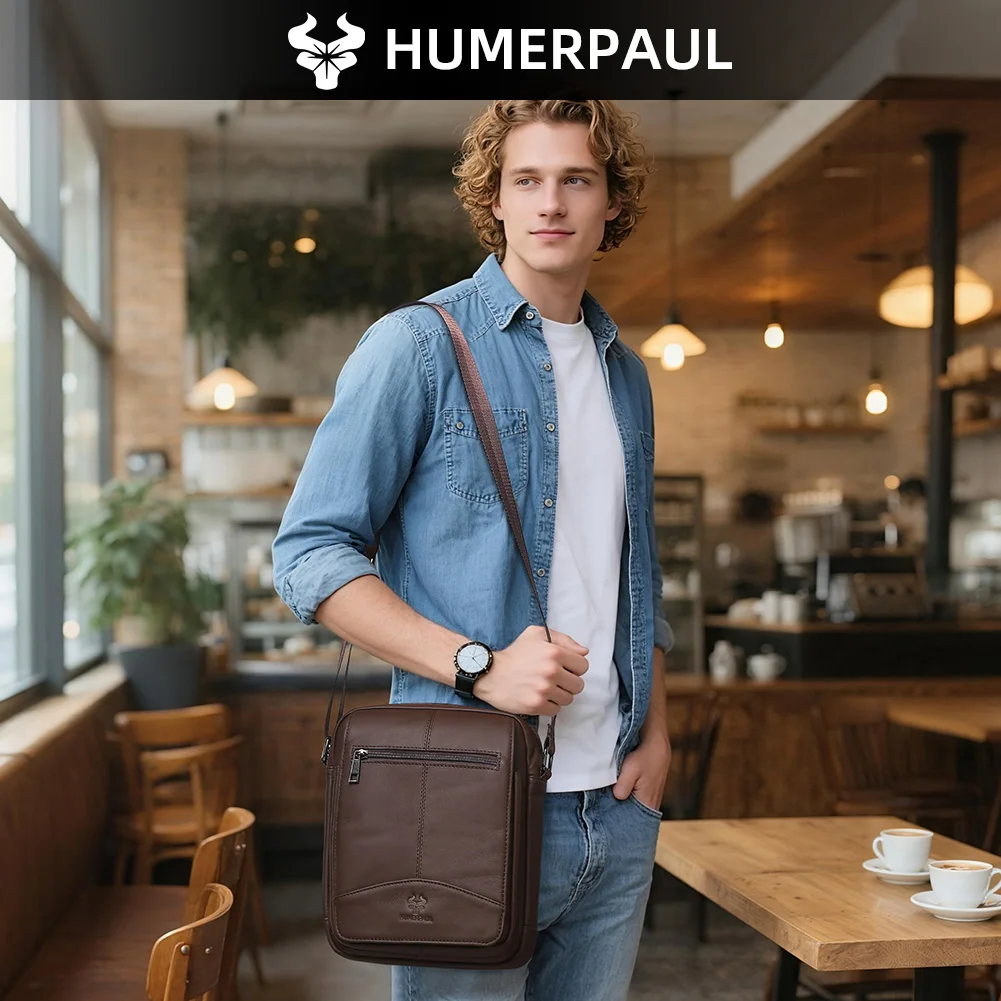 حقيبة كروس من الجلد الطبيعي للرجال من HUMERPAUL حقيبة كتف صغيرة عتيقة للاستخدام اليومي مع حزمة حبال قابلة للتعديل