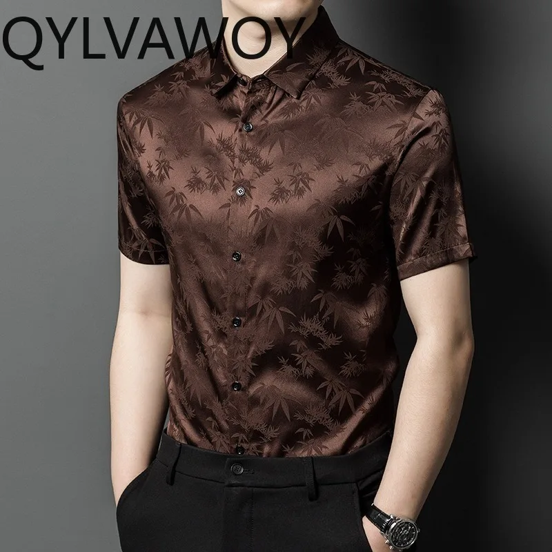 QYLVAWOY 92.4% Mulberry Silk Summer Shirt Short Sleeve Business Men's Shirts Jacquard Shirts for Man Chinese Style Man Clothing