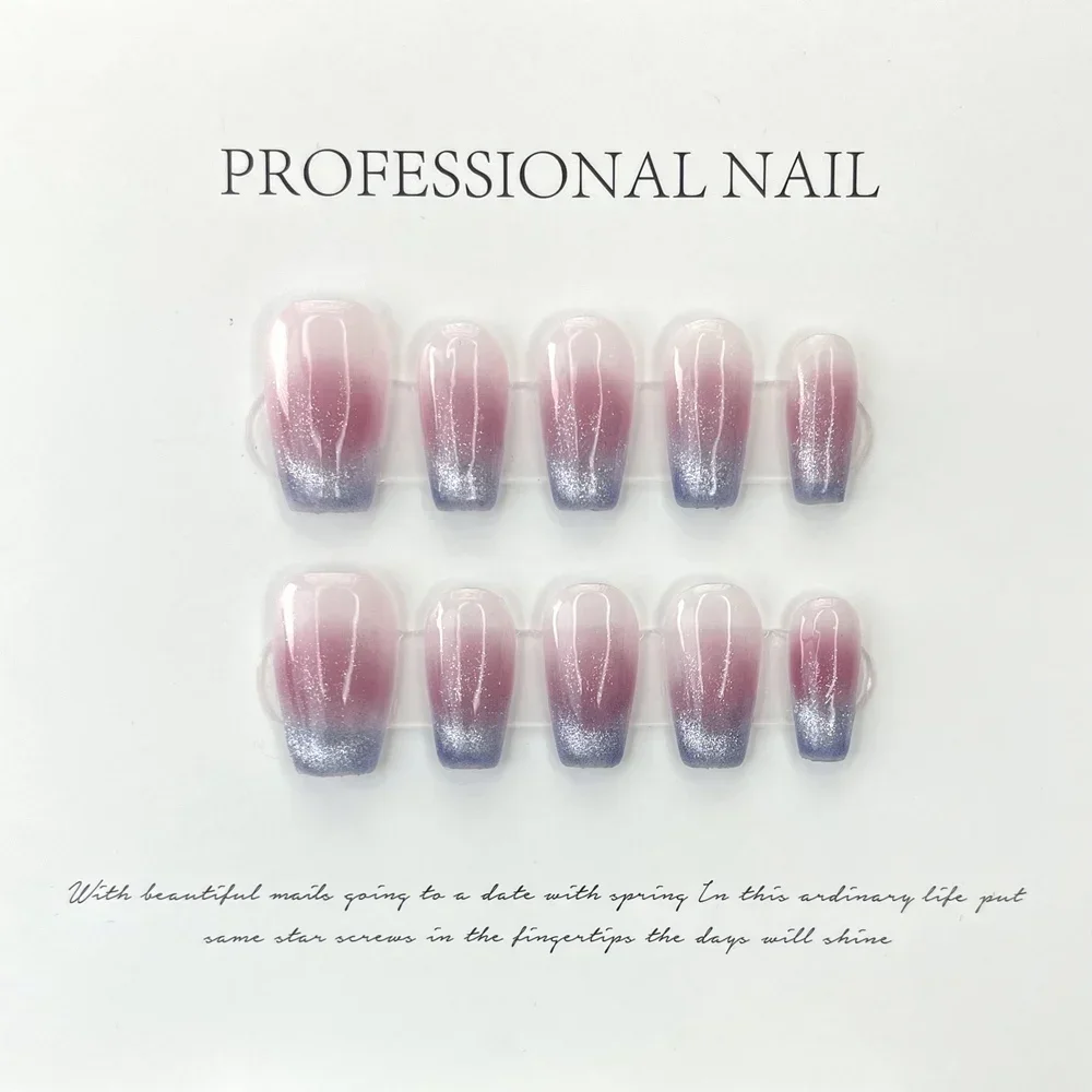 

Handmade Luxury Press on Nails Purple Blue Cat Eye Gradient Fake Nails Tips Medium-length Stick-on Reusable Adhesive Fasle Nails