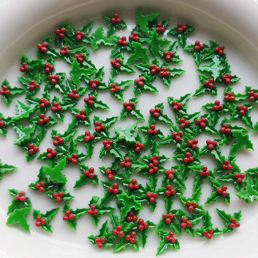 50 Stück Weihnachtsbaumblatt-Harz-Dekorationen mit flachem Boden für Nägel, geeignet für DIY-Schmuckherstellung – Detail 7