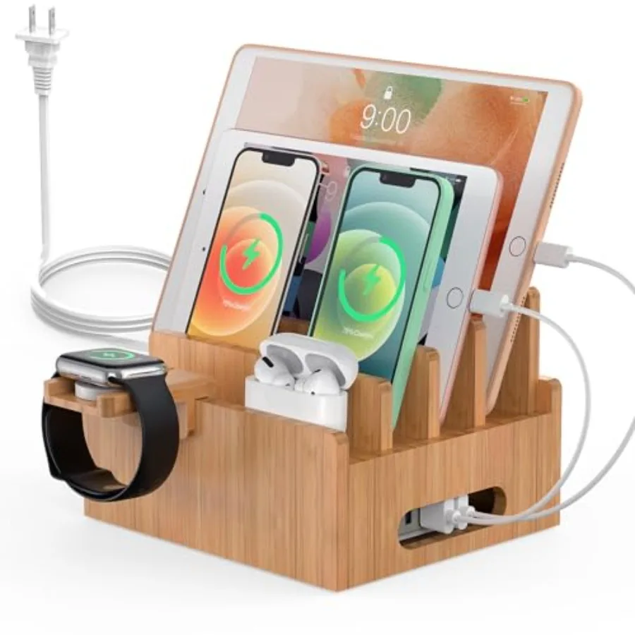 Bamboo Charging Station for Multiple Devices: 5-Port USB Desk Dock with 5 Cables, Smart Watch Earbuds Stand, Natural Brown Elec