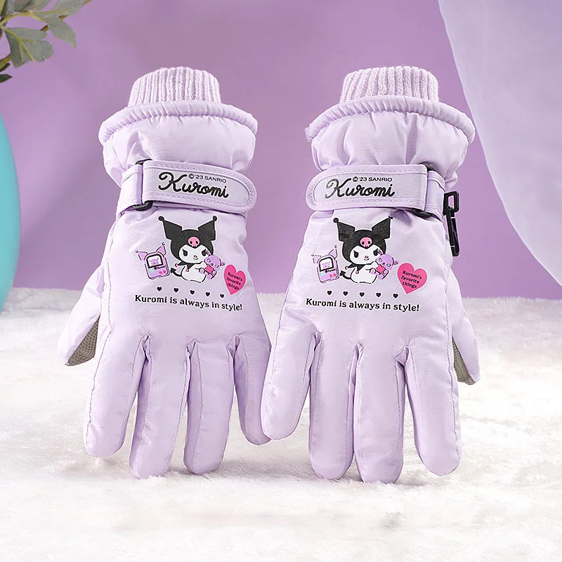 Kawaii Sanrio Kuromi Kids Cotton Ski Gloves High Quality Winter Warm Glove Waterproof Thicken Mittens Keep Finger Christmas Gift