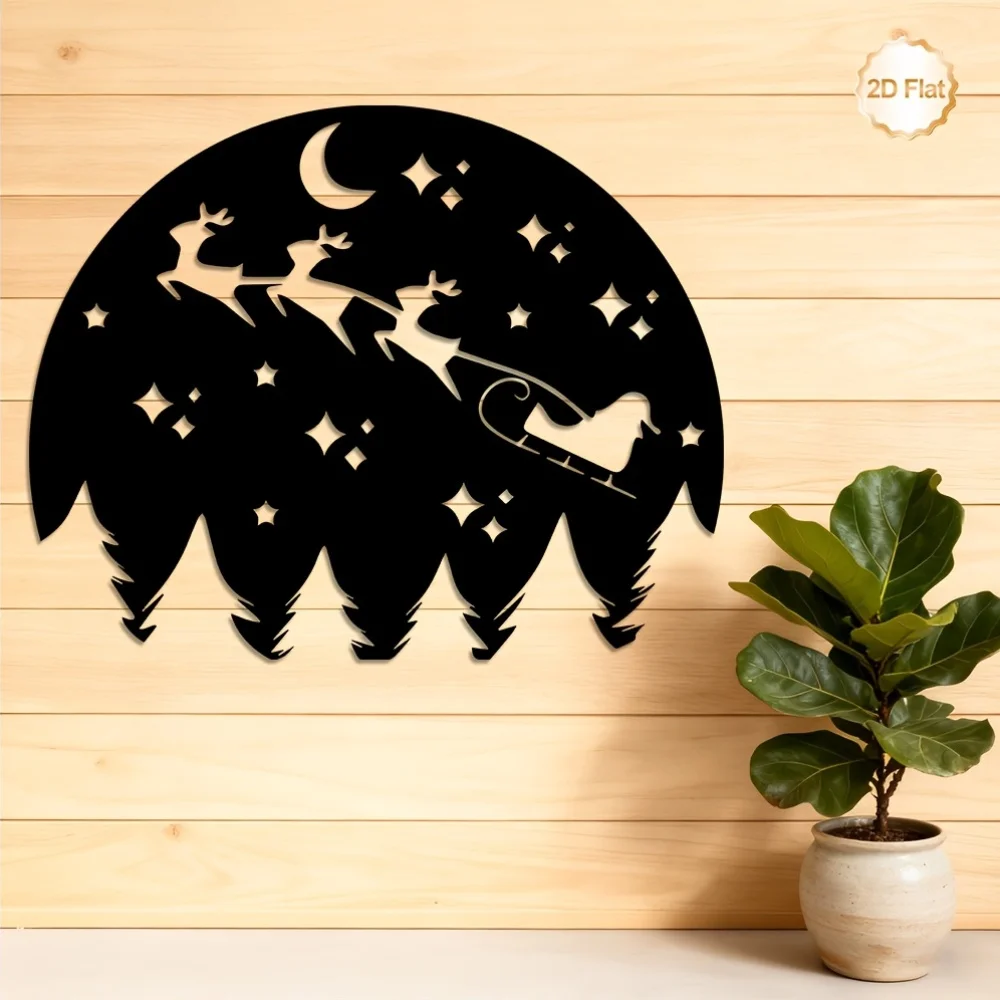 CIFBUY Iron Wall Art Decor 2D Flat Metal Sculpture Sleigh Moon Night Scene Indoor Outdoor Home Decor for Living Room Bedroom