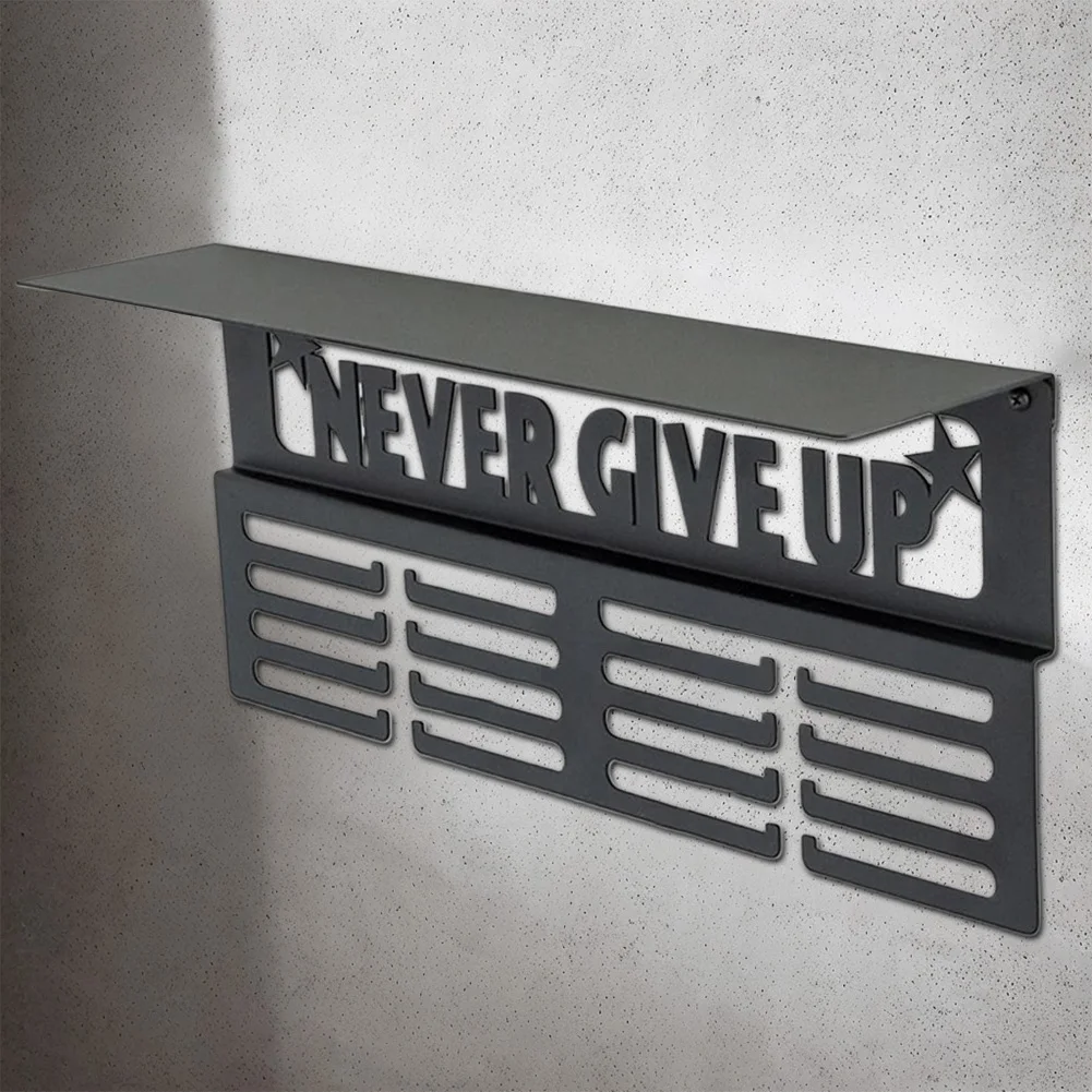 Never Give Up Medal Holder Trophy and Medal Display Shelf Awards Display Shelf Medal Holder Rack for Wall Mount Ribbon Display