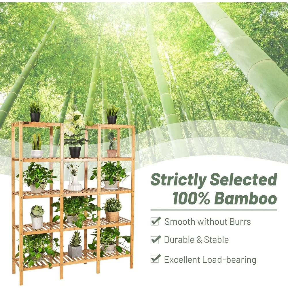 Soporte para plantas de interior, organizador de exhibición de plantas de bambú de 5 niveles con soporte para múltiples plantas, estante para plantas al aire libre