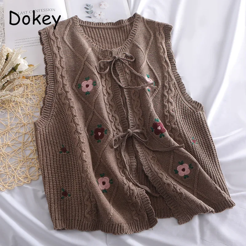 Women\'s Vintage Embroidery Lace-up Sweater Vest Korean O-Neck Sleeveless Loose Knitted Cardigan Female Casual Waistcoat Autumn