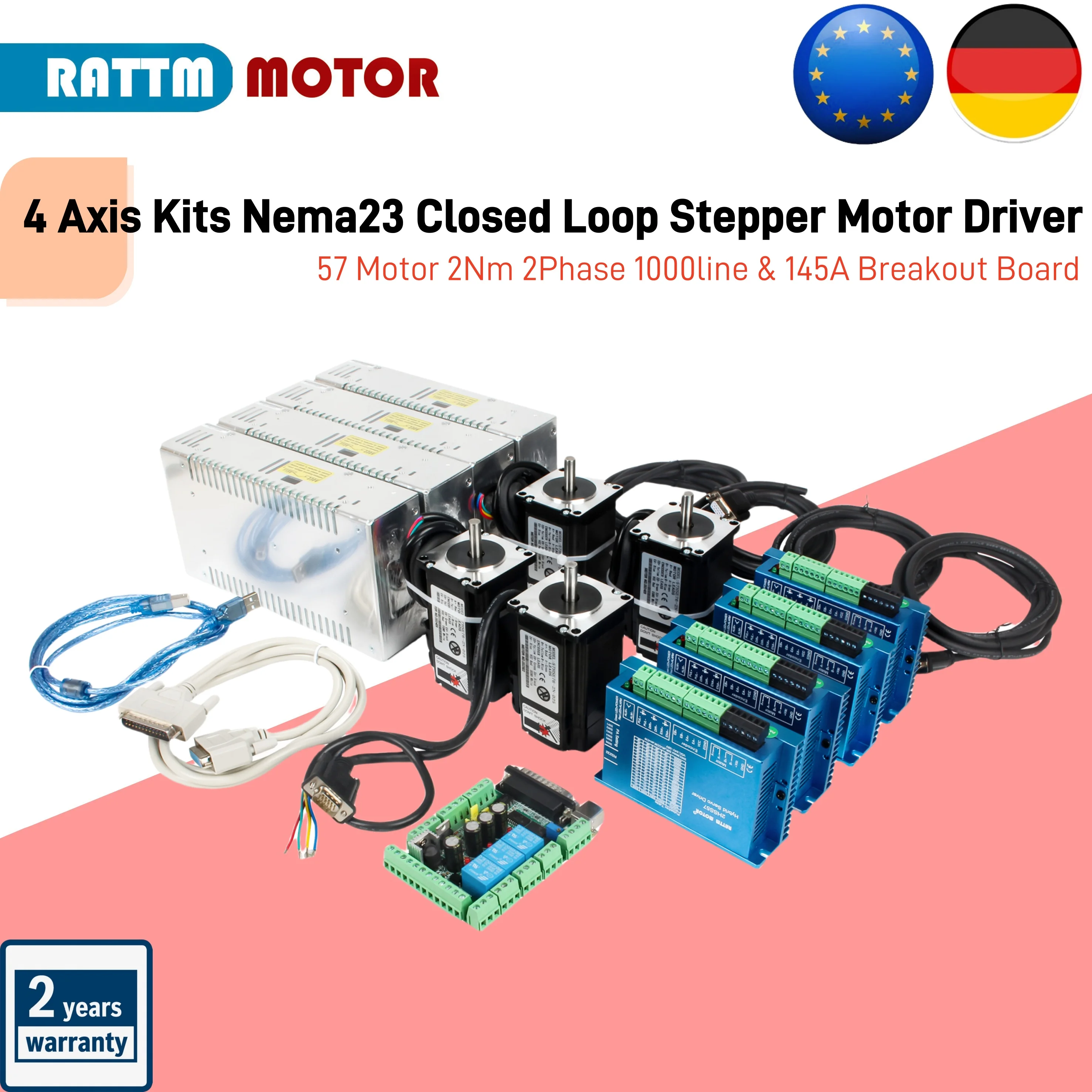 【EU-Lager】 4-Achsen-Kits Nema23 Closed Loop Schrittmotorantrieb Hybird Encoder 57 Motor 2 Nm 2 Phase 1000 Line MACH3 LPT-Portplatine