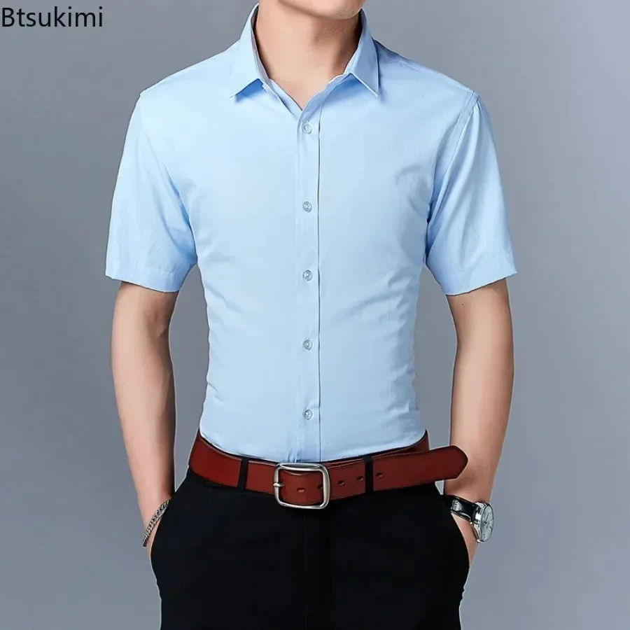 قمصان رجال الأعمال عادية كم قصير الصلبة فستان نحيل قمصان الكورية زر حتى التلبيب بلوزة الرجال قمصان رسمية حجم كبير 7XL #5