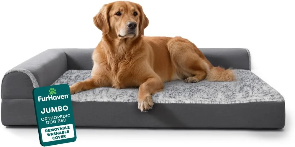 

Orthopedic Dog Bed for Large Dogs up to 95 lbs, Removable Washable Cover, Plush Faux Fur & Suede Chaise - Stone Gray