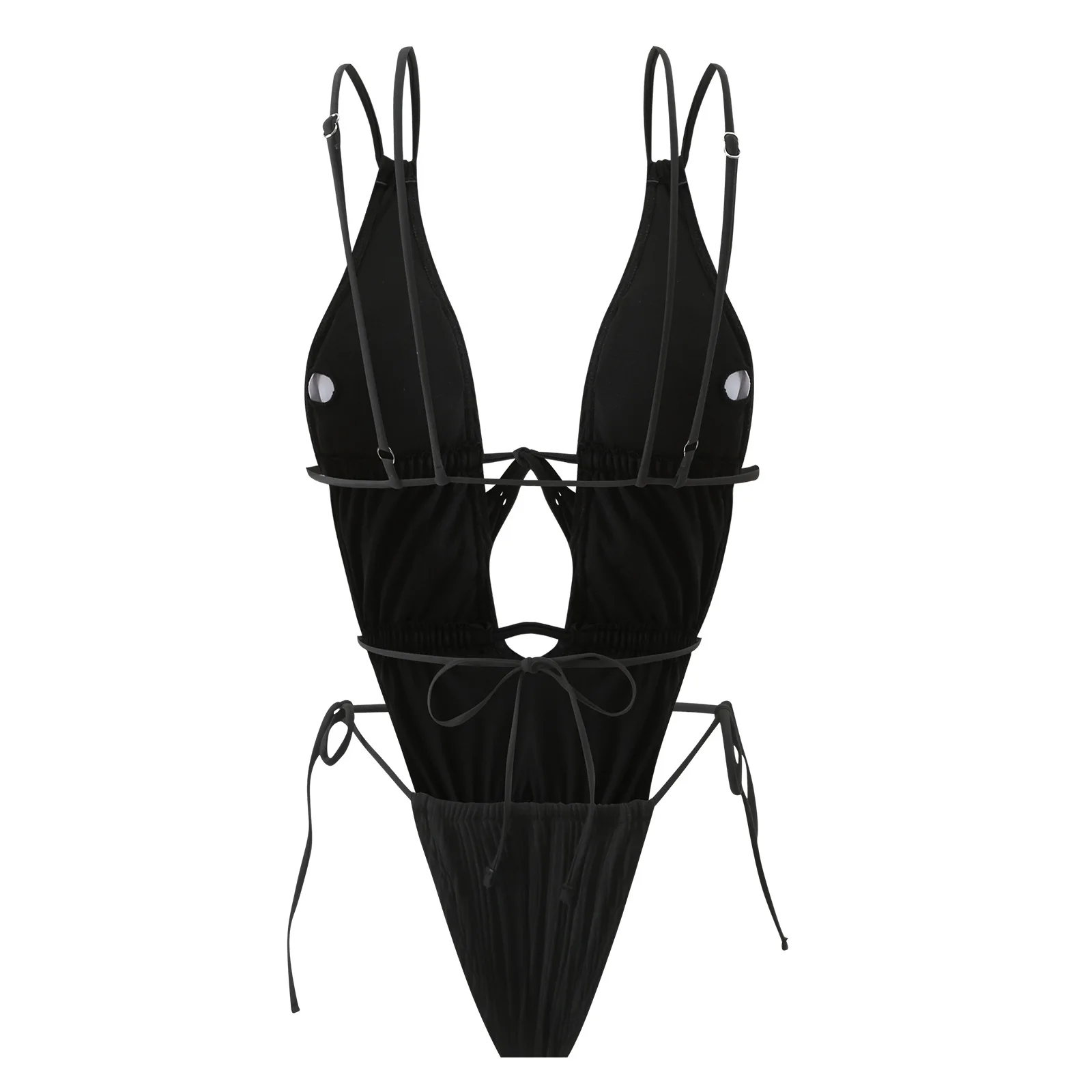New Arrival Black Sexy Bikini Women's Double Strap Textured Design One-Piece Swimsuit Summer Pool Bathing Beach Swimwear Solid
