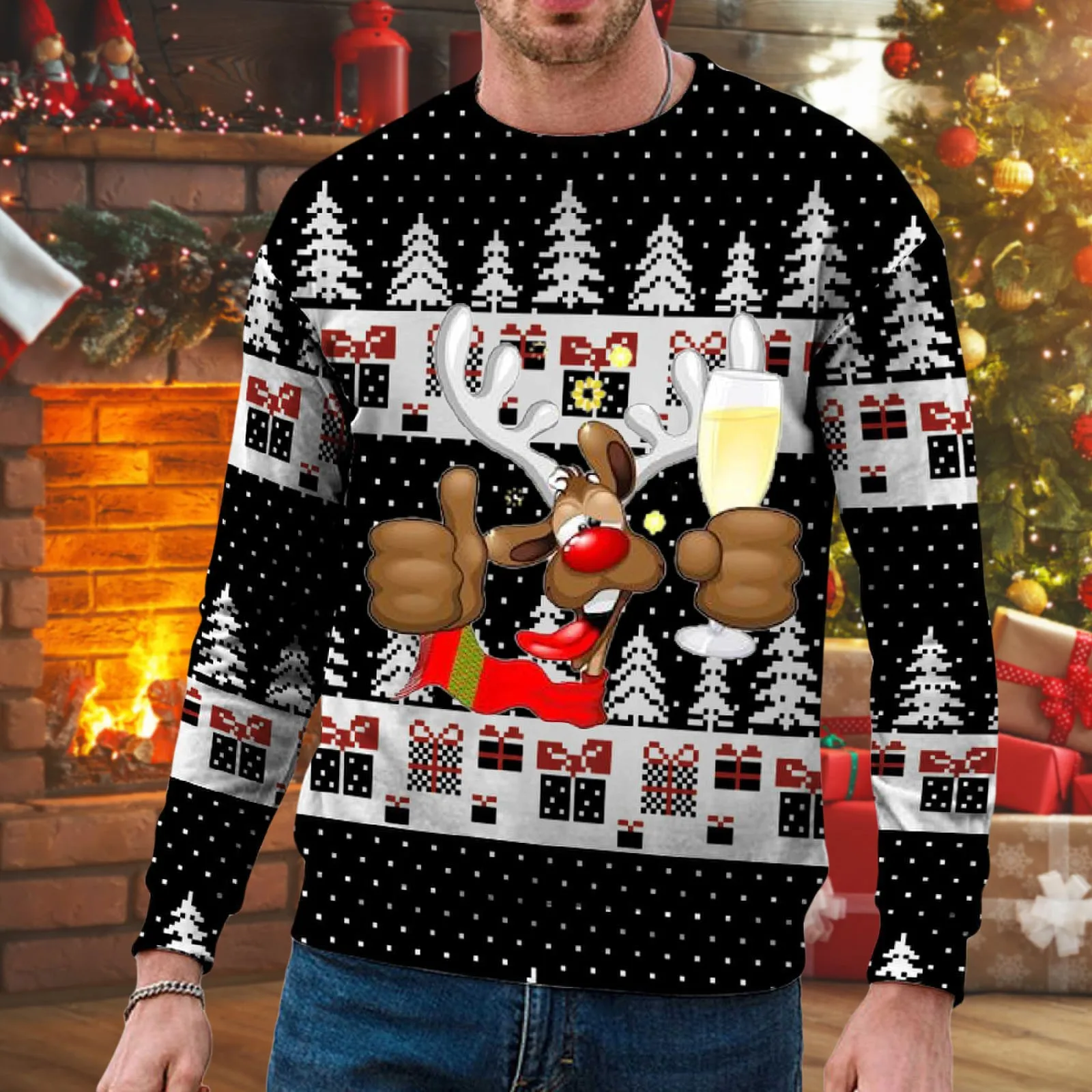 

Men's Autumn And Winter Fashion Trend Christmas Printed Pullover Tops Crewneck Long Sleeve Loose Casual Hoodies For Male