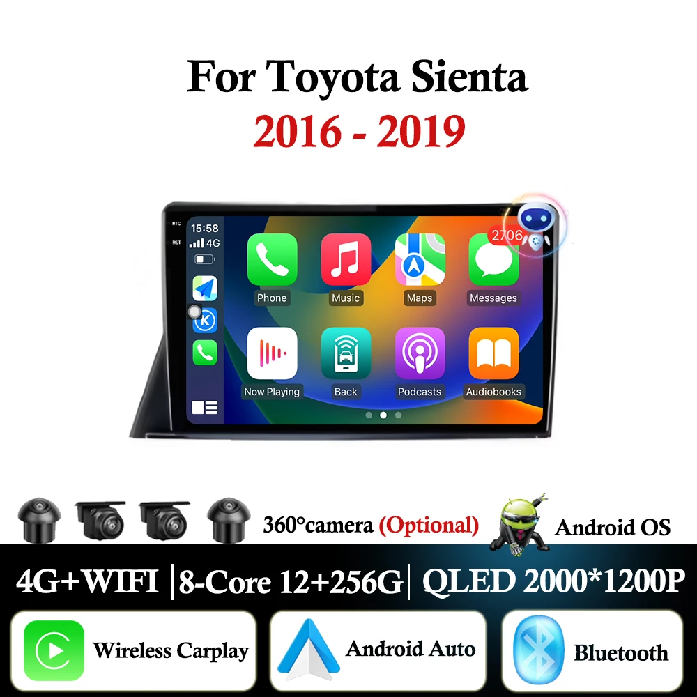 for Toyota Sienta 2016 - 2019 Android Auto Carplay Car Radio Multimedia Player Bluetooth GPS Navigation 4G LTE WiFi DSP Stereo