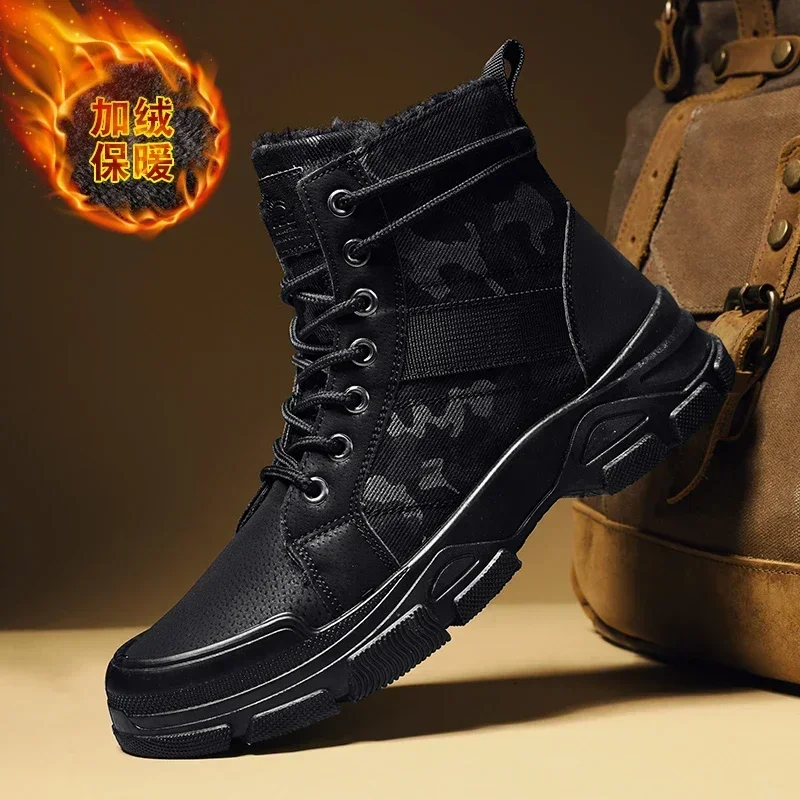 Botas de combate de invierno para hombre, zapatos de seguridad tácticos para el desierto al aire libre, camisetas altas, zapatos de trabajo cómodos y cálidos de algodón de camuflaje para hombre