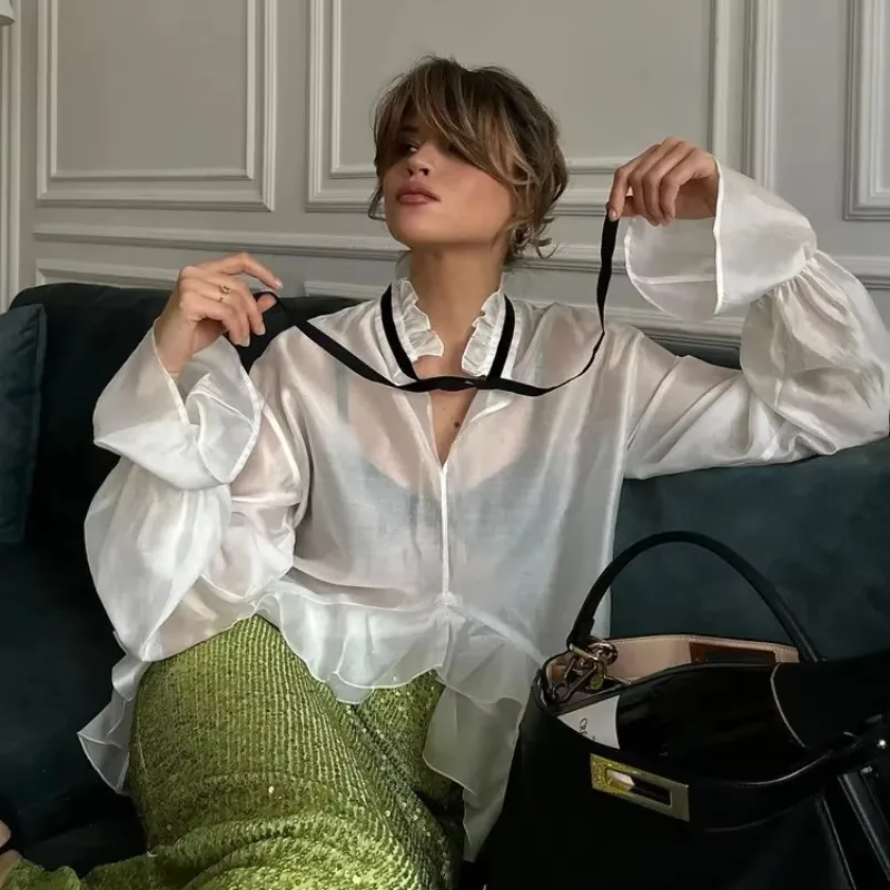 

2026 Fashion Ruffle Collar Long Sleeve Blouses Elegant See Through Top Female Clothing Sexy Loose White Women'S Shirt