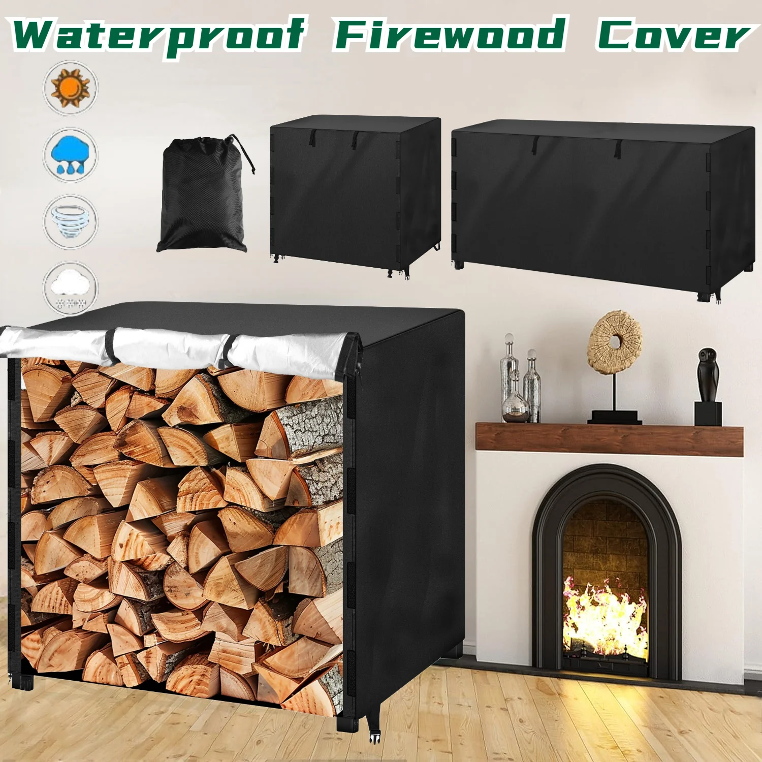 

Outdoor Firewood Rack Cover Waterproof Wood Log Storage Covering for Patio Logs Holder 4FT Wood Holder 420D Oxford Fabric