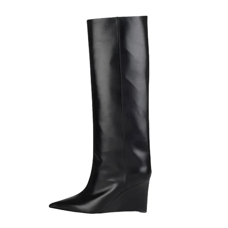 

2024 Winter European American Show Wedge Heel Knee Length Boots New Pointed High Heel Bright Leather Large 42 43 Women's Boots