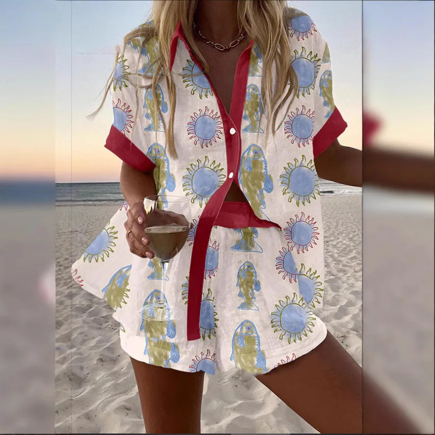 Fashion Print Beach Holiday 2-Piece Set Women Summer Short Sleeve Shirt Top + Wide Legs Short Women's Oversized Two-Piece Outfit