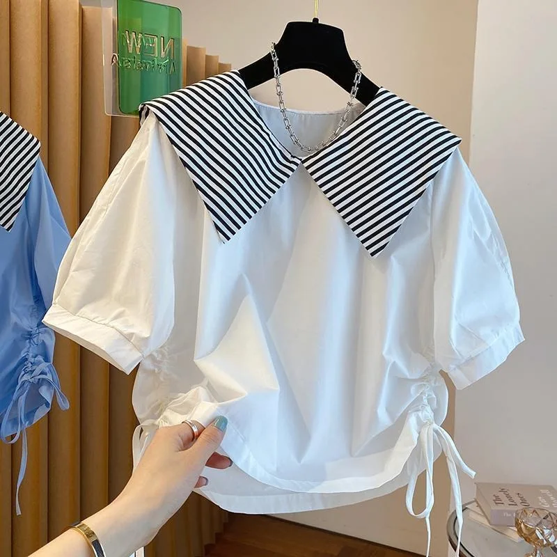 

Sweet Design Summer Blouse Striped Lapel Sailor Collar Cute Puff Sleeve White Shirts Loose Side Drawstring Crop Tops Lolita Y2K