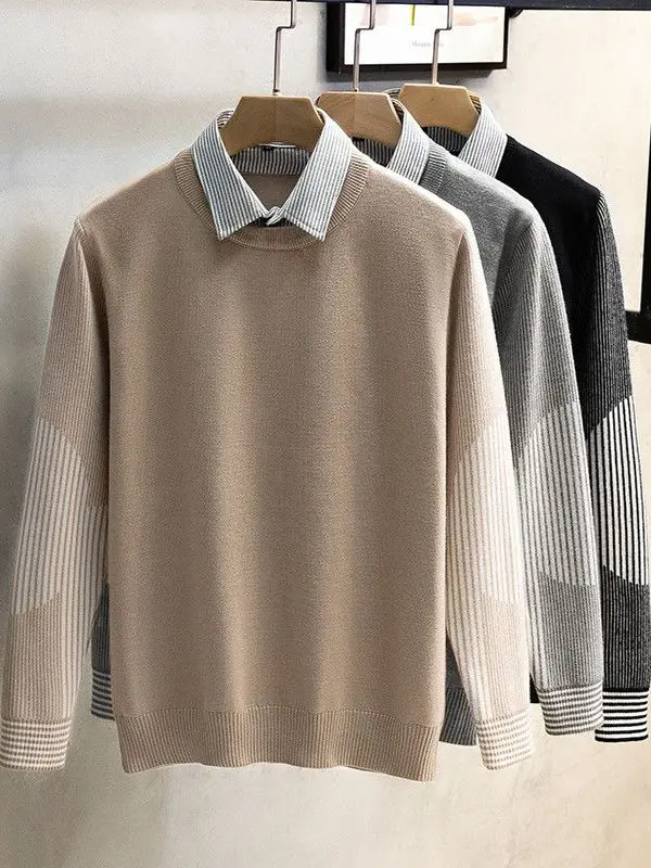 

Men's Long Sve irt Collar Sweater Casual Sle Polyester Fiber Warm Knittedwear Stripe Pattern Fake Two-Piece Design
