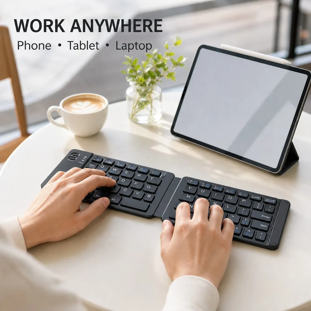 Portable Bi-Fold Bluetooth 5.0 Keyboard Rechargeable Quiet Slim Travel Keyboard for Smartphone Tablet Laptop Multi OS