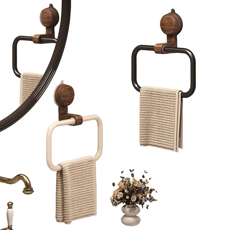 Walnut Suction Cup Towel Ring, No-Drill Wall Mount Round Towel Holder for Bathroom, Rustproof Wood Towel Bar view 6