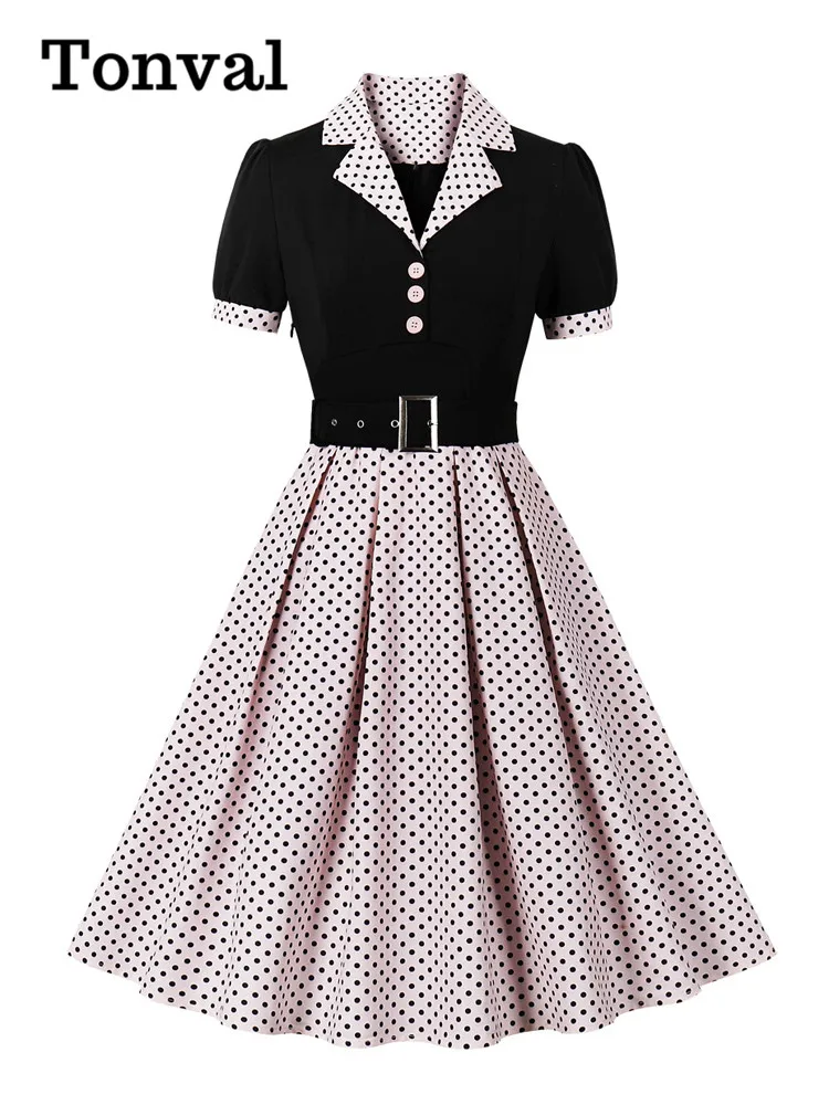 

Tonval Black and Polka Dot Vintage Pleated Dresses Notched Collar 2024 Elegant Summer Women Short Sleeve Belted 50s Retro Dress