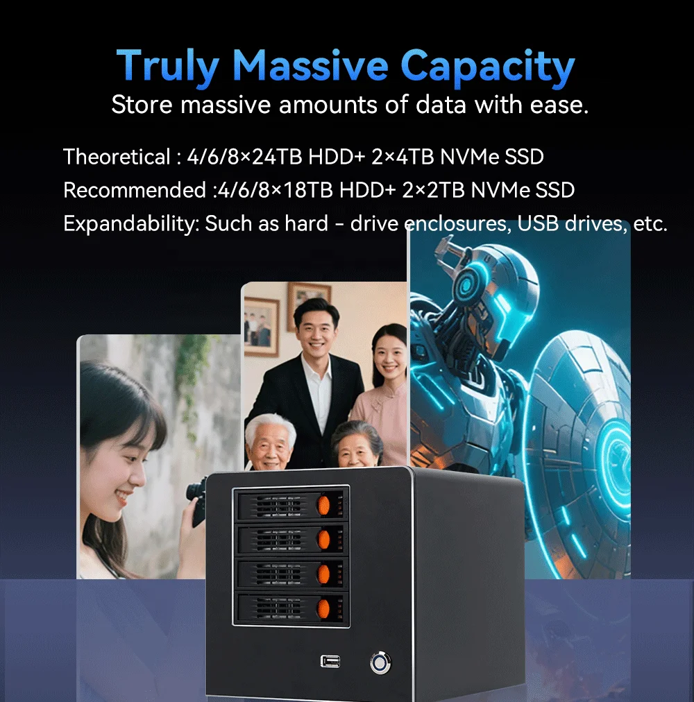 4/6/8 SATA 베이 NAS 미니 PC 인텔 N100 N150 2.5G I226V 10G AQC 3LAN 이더넷 RAID 네트워크 연결 저장소 서버 썸네일 5