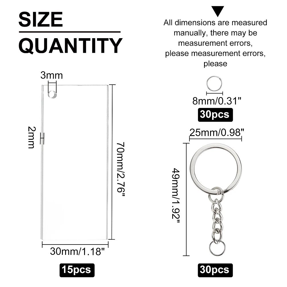 DIY Keychain Making Kits Including Rectangle Acrylic Pendants Iron Keychain Clasp Findings Brass Open Jump Rings Platinum