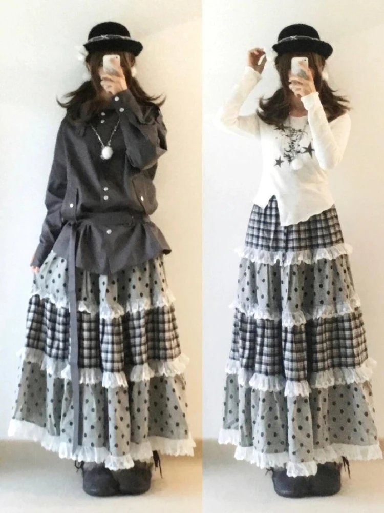 Elegant French Retro Lace Patchwork Flared A-Line Skirt Japanese Sweet Lolita Style Harajuku Y2K Hot Girl Daily Streetwear Skirt