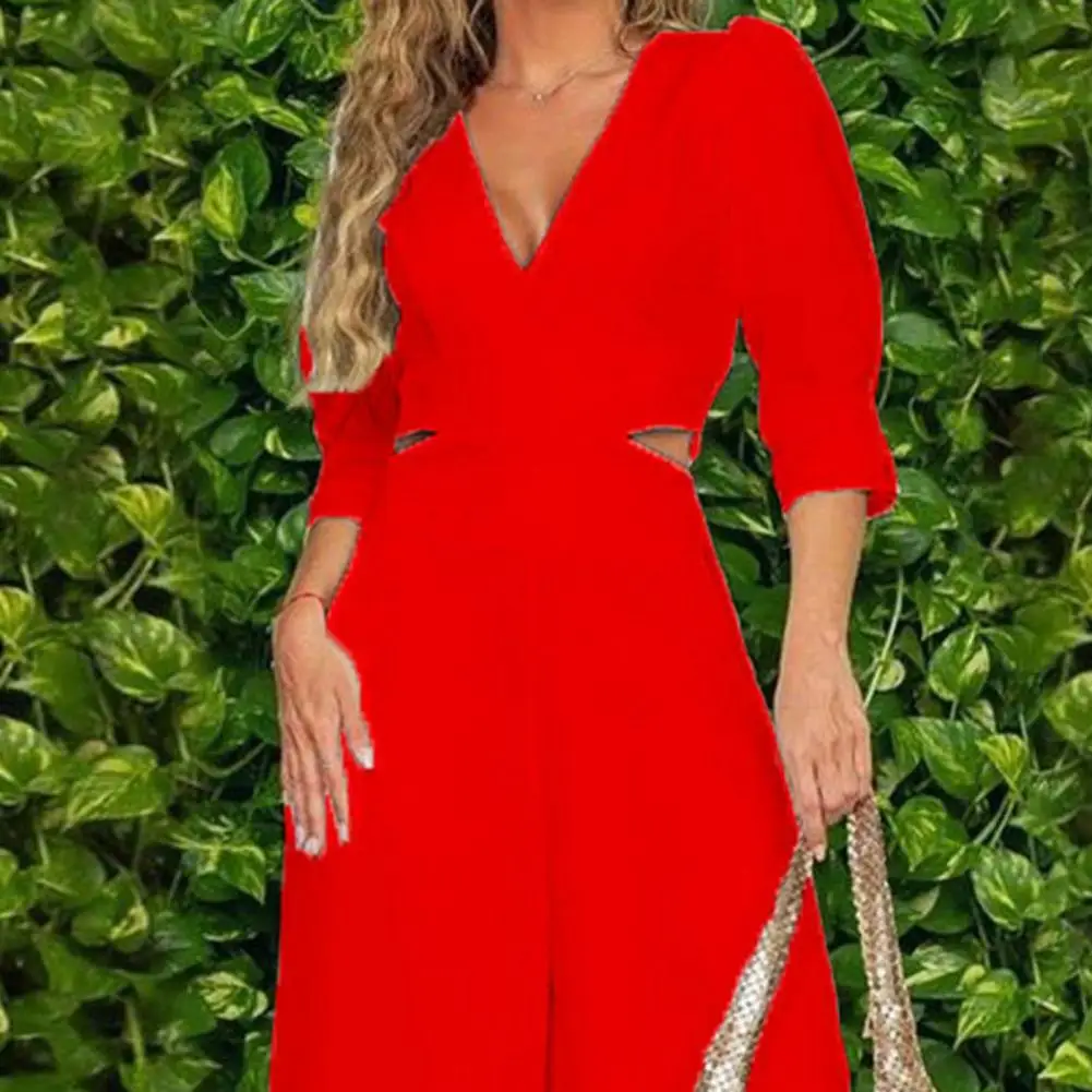 Deep V Neck Women Jumpsuit Puff Half Sleeve Cutout Hollow Out High Waist Loose Straight Wide Leg Office Lady Jumpsuit Romper