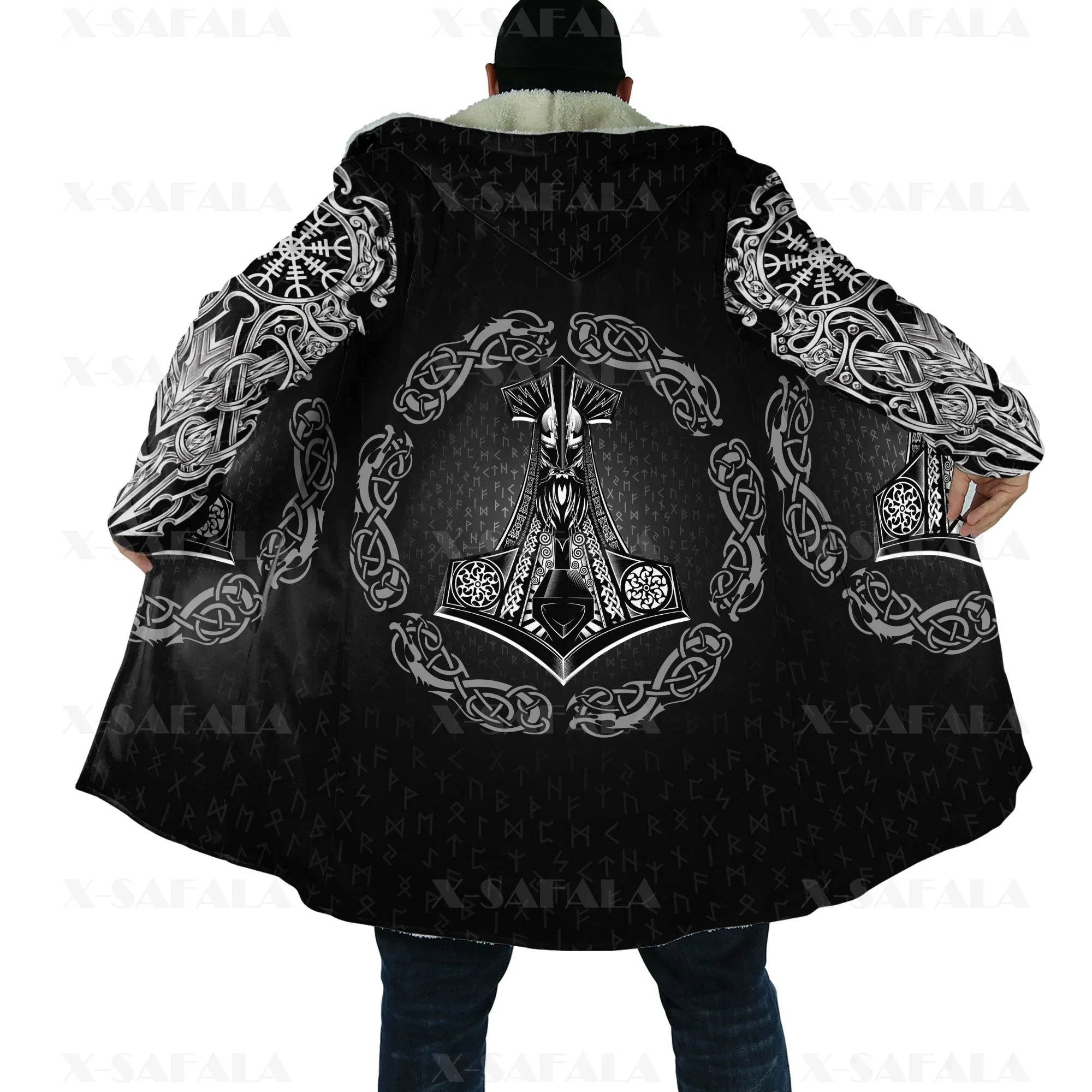 Raven Dikke Warme Hooded Mantel Mannen Wolf Viking Tattoo Fenrir Overjas Jas Print Winddicht Fleece Cape Robe Hooded Deken-5