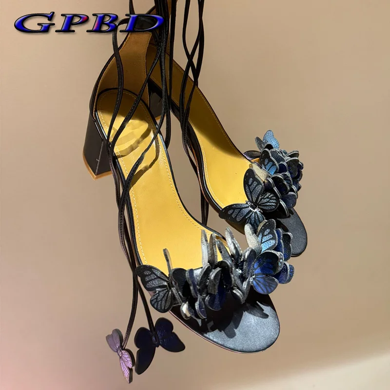 

GPBD Designer Handmade Real Leather Sandal For Woman Best Quality Ankle Strap Women Sandals butterfly High Heels Wedding Party