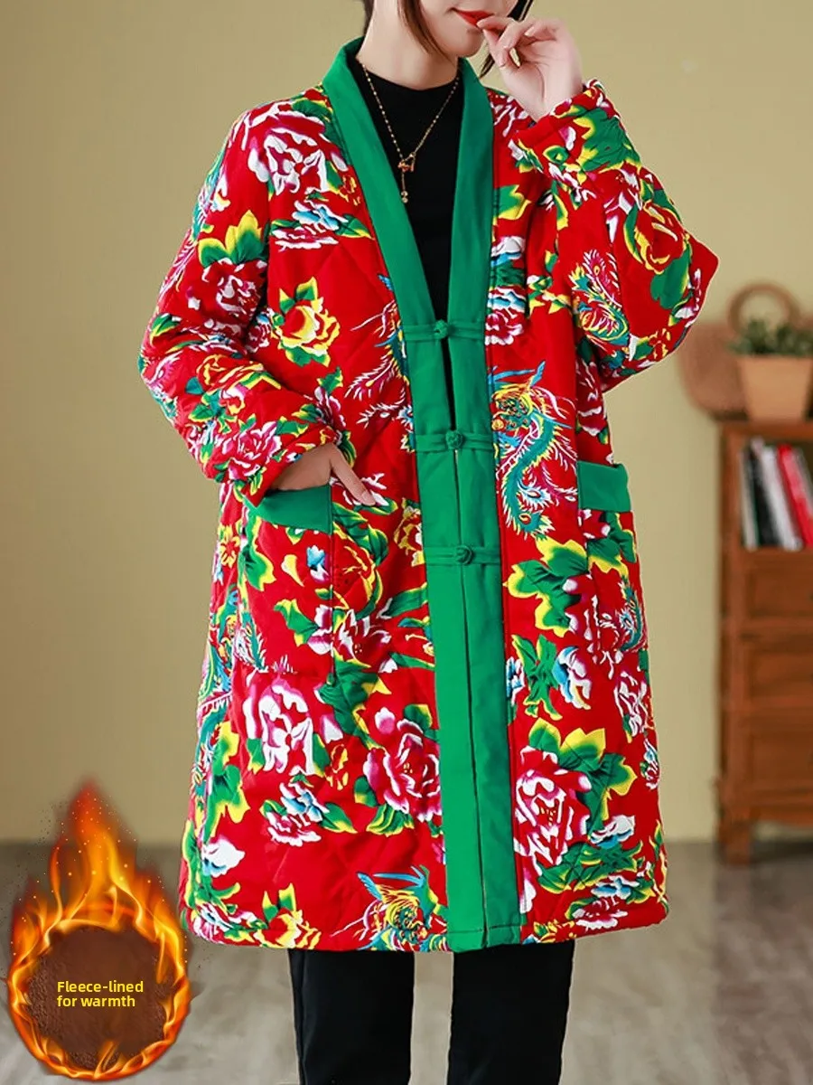 

Женское зимнее пальто из хлопка с цветочным принтом Thiened, длинное пальто с V-образным вырезом на пуговицах, пальто средней длины на подкладке Fce