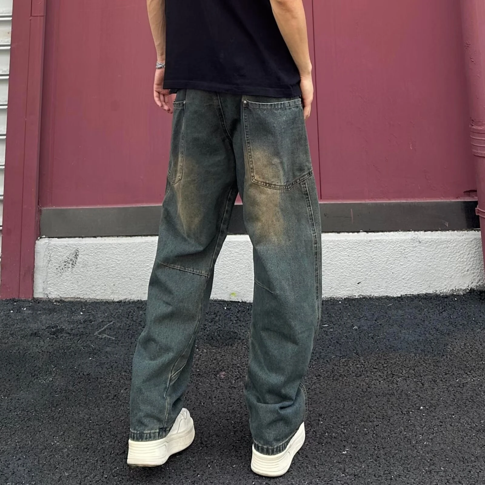 

Tianxuning American Retro Waed Distred Jeans Men's Loose Straight Leg Floor-Length Trendy Long Pants Casual Autumn