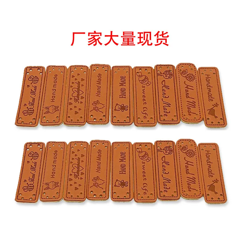 20pcs Handmade Letter Pattern PU Leather Tags Rectangle Embossed Label DIY Flag Labels For Garment Sewing Accessory