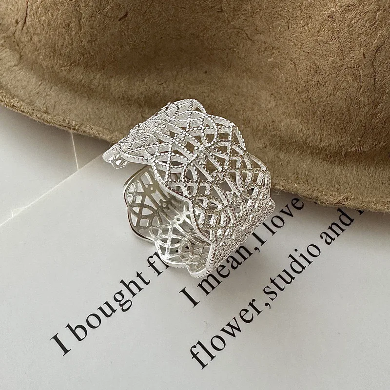925 Sterling Silver Rings For Women Geometric Fine Jewelry Finger Adjustable Wide Hollow Lace Ring For Party Birthday Gift