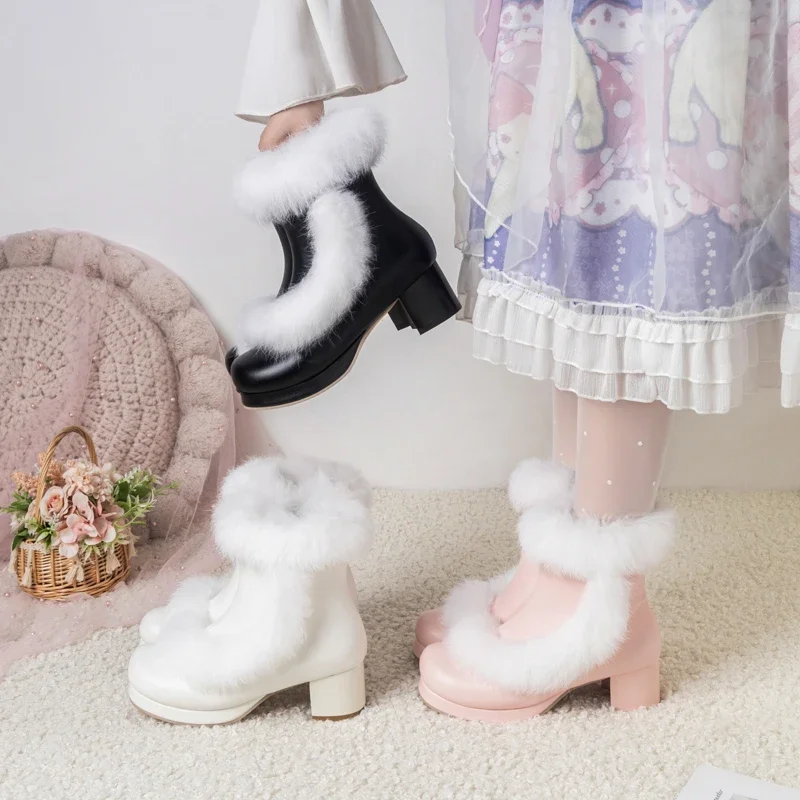 

Winter 2024 Free Ship Lolita Sweet Cute Fur Ankle Boots Princess Block High Heel Pink Black White Platform Party Girls Shoes 7+y