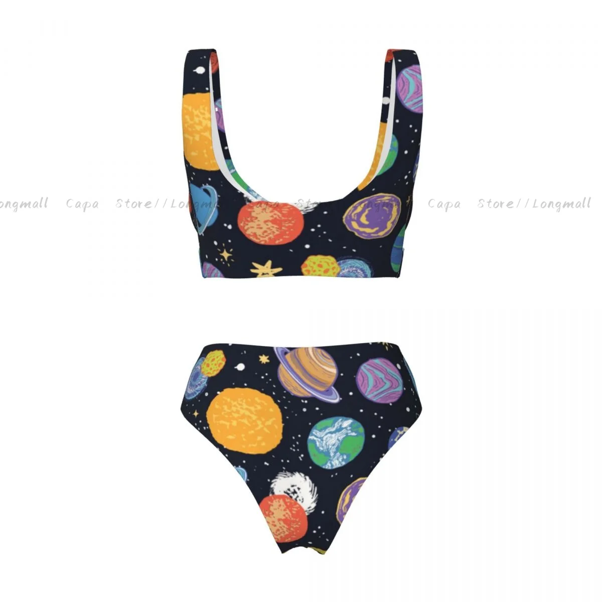 Letnie damskie bikini z dekoltem w kształcie litery V planety i gwiazdy ilustracja stroje kąpielowe damskie 2-częściowy strój kąpielowy na plaży