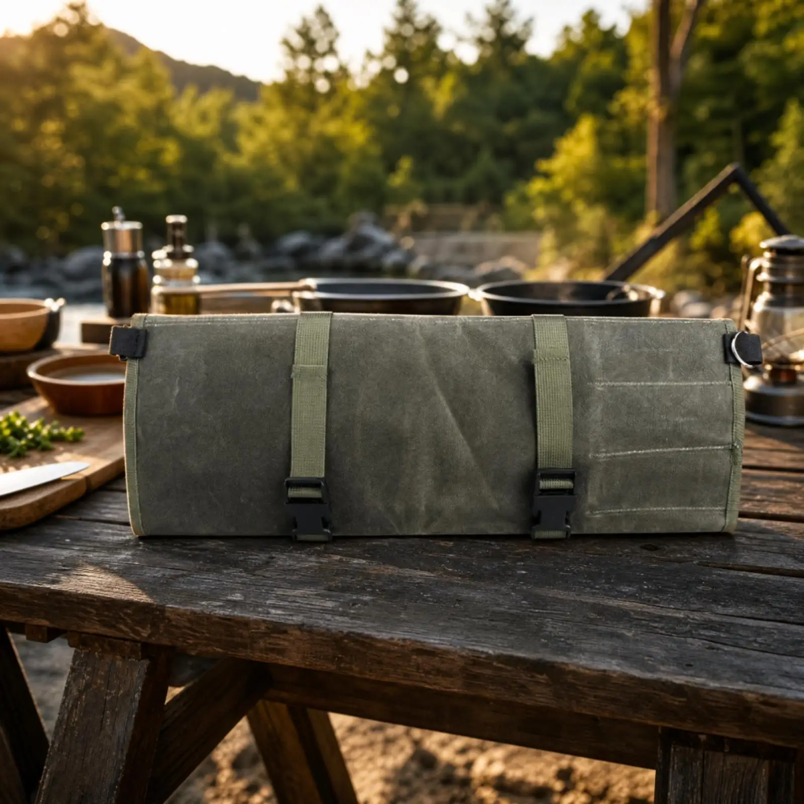 Portable Chef Knife Case Army Green Waxed Canvas Knives Roll Holder with Zipper Pocket for Kitchen Tool Storage and Carrying to