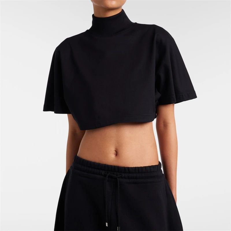 Summer New Ribbed Stand Collar Short T-Shirt y2k HighQuality Women's Fashion High StreetShort Button Decoration Crop Top T-Shirt