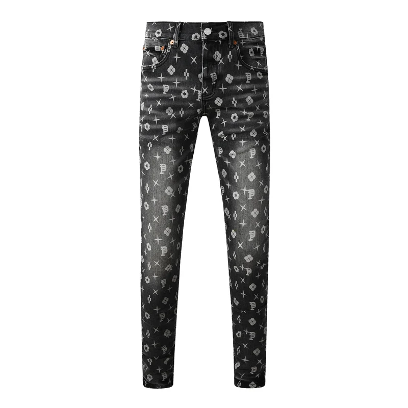 

Fashionable new black and gray men's jeans with print, washed water, nostalgic stretch, slim fit, retro jeans, high street hip-h